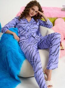 Creative Abstract Pattern Lapel Cardigan Pajama Set For Women - Purple - View 5