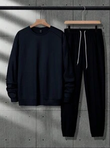 Manfinity Homme Conjunto de sudadera de cuello redondo de manga larga y pantalones deportivos de unicolor para hombre, para el otoño - azul real - Ver 2
