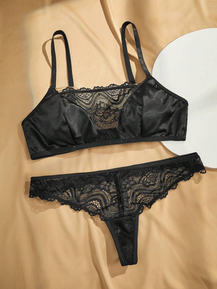 Charlaine Conjunto de lencería cómoda con encaje en contraste para mujer - Negro - Ver 1