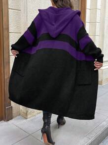 Plus Size Solid Color Patchwork Long Sleeve Cardigan, Casual Everyday Wear, For Winter - Purple - View 2