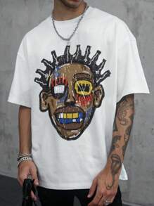 Manfinity EMRG 男士休闲简约卡通图案短袖时尚 T 恤，适合朋友 - 白色 - 查看 1