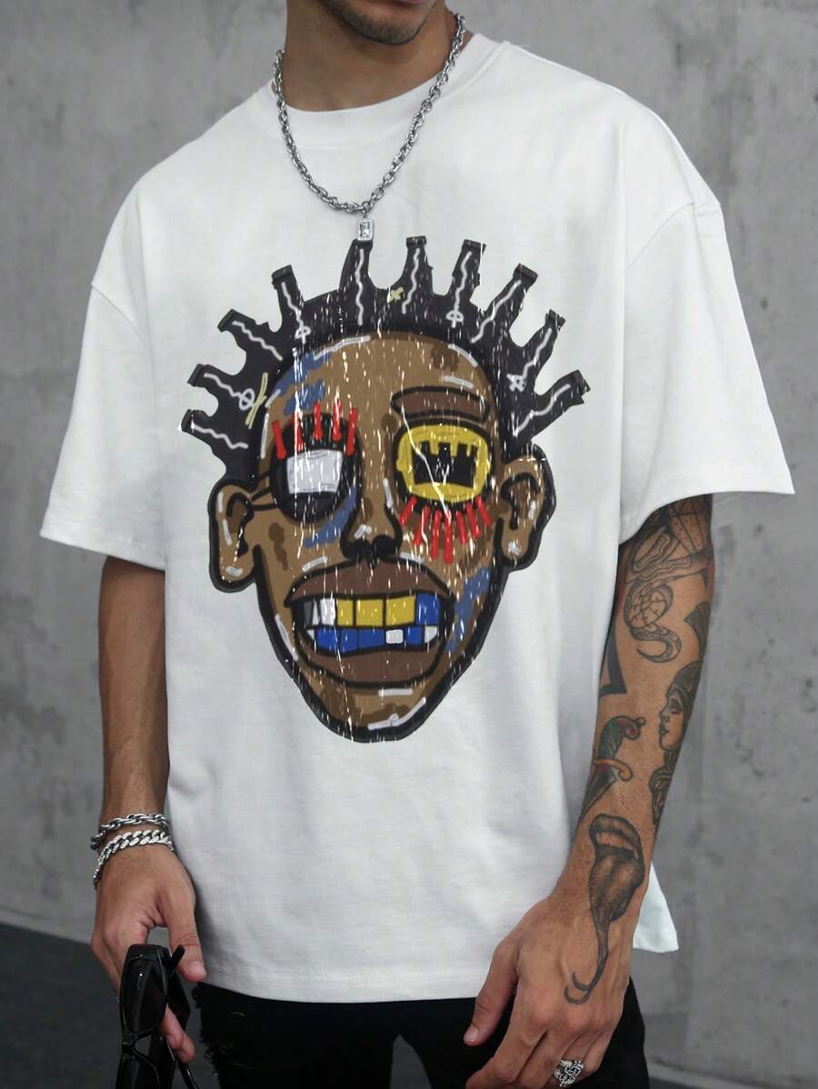 Manfinity EMRG 男士休闲简约卡通图案短袖时尚 T 恤，适合朋友 - 白色 - 查看 1