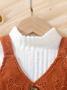 2 件套女婴休闲高领长袖 T 恤和 V 领蝴蝶结 A 字裙，适合庆祝活动、家庭聚会、户外玩耍和学校，春季/秋季 - 彩色 - 查看 3