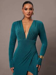 Silquee Women's Elegant Stretchy V-Neck Knit Dress With Padded Shoulders, Pleated Design, Overlap Asymmetrical Hem, Suitable For Formal Party, Wedding, Holiday, Halloween, Christmas As Bridesmaid, Cocktail Or Evening Gown