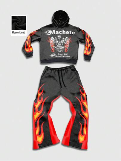 Grunge Punk Men Skull & Flame Print Hooded Sweatshirt And Drawstring Sweatpants Casual Tracksuit