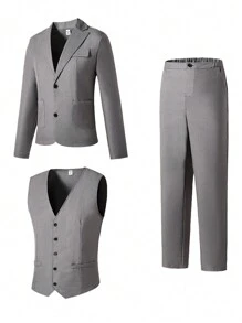 Set de 3 piezas Conjunto de vestir para chicos adolescentes, incluye: chaqueta tipo blazer + chaleco ajustado + pantalón formal, conjunto de traje elegante para cumpleaños, Navidad, boda, graduación, fiesta, presentación, evento - Gris - Ver 3