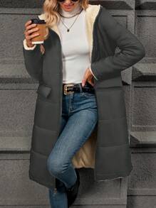 SHEIN Clasi Áo khoác có mũ trùm đầu cho nữ, dài và có thể đảo ngược, phù hợp với trang phục mùa thu/đông - Xám - Xem 4