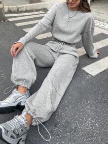 INAWLY 2 stuks dames casual ronde hals lange mouw top en voorkant strik broek set