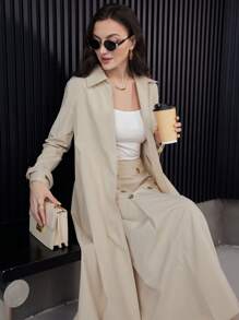 Modelyn 女士休闲纯色长袖风衣夹克和双排扣 A 字裙 2 件套，优雅 2 件套 - 卡其色 - 查看 2