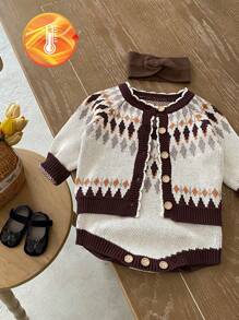 SHEIN 复古费尔岛圣诞乡村 2024 秋季女婴舒适针织毛衣套装带工装裤，舒适保暖，展现可爱时尚魅力 - 杏色 - 查看 1