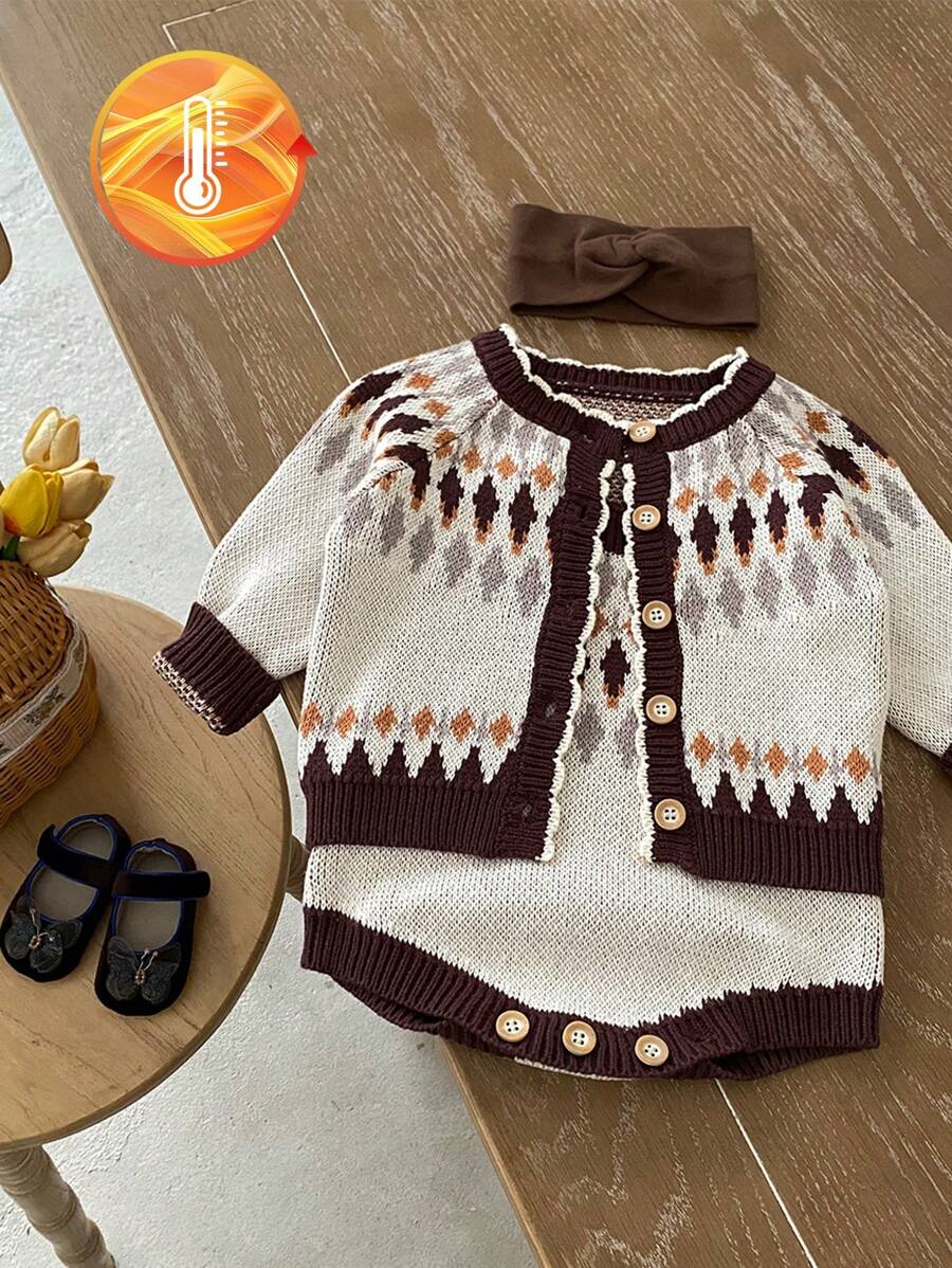 SHEIN 复古费尔岛圣诞乡村 2024 秋季女婴舒适针织毛衣套装带工装裤，舒适保暖，展现可爱时尚魅力 - 杏色 - 查看 1