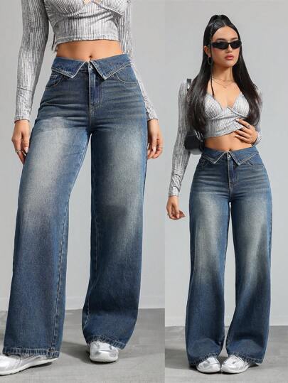 SHEIN Tall Jeans décontractés pour femmes, coupe droite, pantalon bleu, jeans ample pour femmes de grande taille, pantalon à taille basse, jeans large