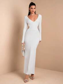 SHEIN BAE Vestido ceñido de manga larga, elegante, de escote en V y espalda descubierta, con cola de pez, de color liso para mujer - Blanco - Ver 5