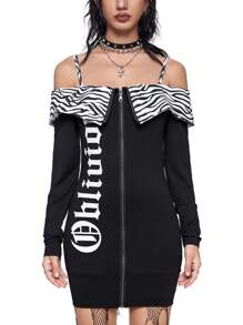 ROMWE Grunge Punk Y2K Style Sexy Cross Slogan Print Off-Shoulder Zebra-Striped Lapel Crop Top Bodycon Mini Dress - Black and White - View 6