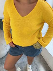 INAWLY 大码 V 领休闲纯色长袖套头毛衣，百搭，适合冬季 - 黃色 - 查看 6