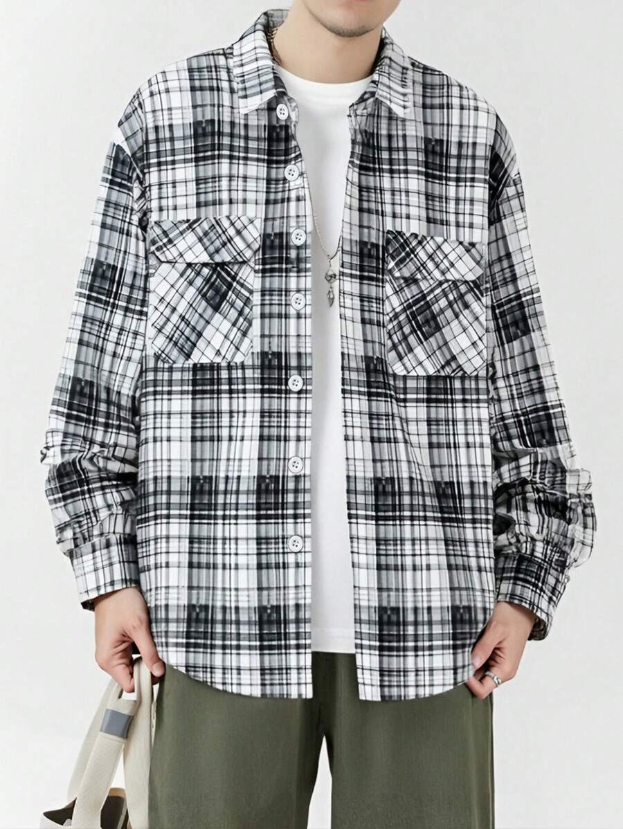 Manfinity Homme Herren lässiges Kollegstil Hemd mit gedruckter Klappe, Tasche und Dropschulter, weiter Schnitt, Langarm, für den Herbst - Schwarz und Weiss - Übersicht 1