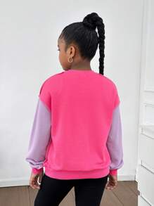 SHEIN Tween Girl Casual Colorblock Round Neck Loose Fit Long Sleeve Sweatshirt - Mauve Purple - View 2