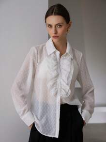 SHEIN Privé 女士浪漫优雅荷叶边纹理长袖衬衫优雅商务休闲女士纽扣衬衫 - 白色 - 查看 5