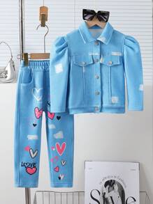 Conjunto de para niñas de otoño/invierno, con textura de efecto de mezclilla, estampado de corazones, estilo desgarrado, tela de alta elasticidad, de ajuste ceñido