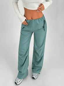 SHEIN Cottnline Women Solid Color Drawstring Waist Pleated Relaxed Straight Leg Casual Pants - Cadet Blue - View 5