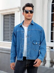 Manfinity Homme Plus Size Men's Solid Color Front Button Pocket Casual Long Sleeve Denim Jacket - Dark Wash - View 1