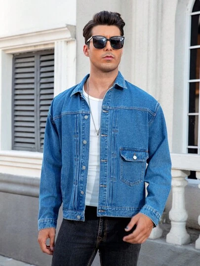 Manfinity Homme Plus Size Men's Solid Color Front Button Pocket Casual Long Sleeve Denim Jacket