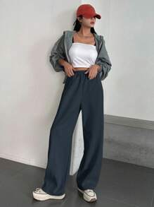 DAZY Women's Sweatpants Casual Sports Solid Color Elastic Waist, Versatile, All Season - Navy Blue - View 3