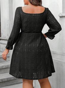 SHEIN Clasi Plus Size Casual Solid Color Hollow-Out Embroidered Dress, Autumn - Black - View 2