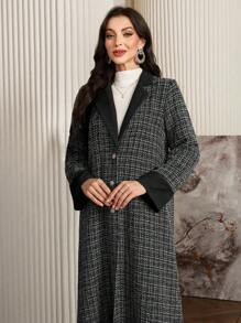 Al Najma Women's Plaid Lapel Collar Single Breasted Casual Arabian Abaya, Modest Robe - Black - View 8