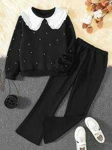 SHEIN Bộ 2 áo nỉ cổ Peter Pan đính ngọc trai cho bé gái tuổi mới lớn + quần ống loe thường ngày, Thu/Đông - màu đen - Xem 1