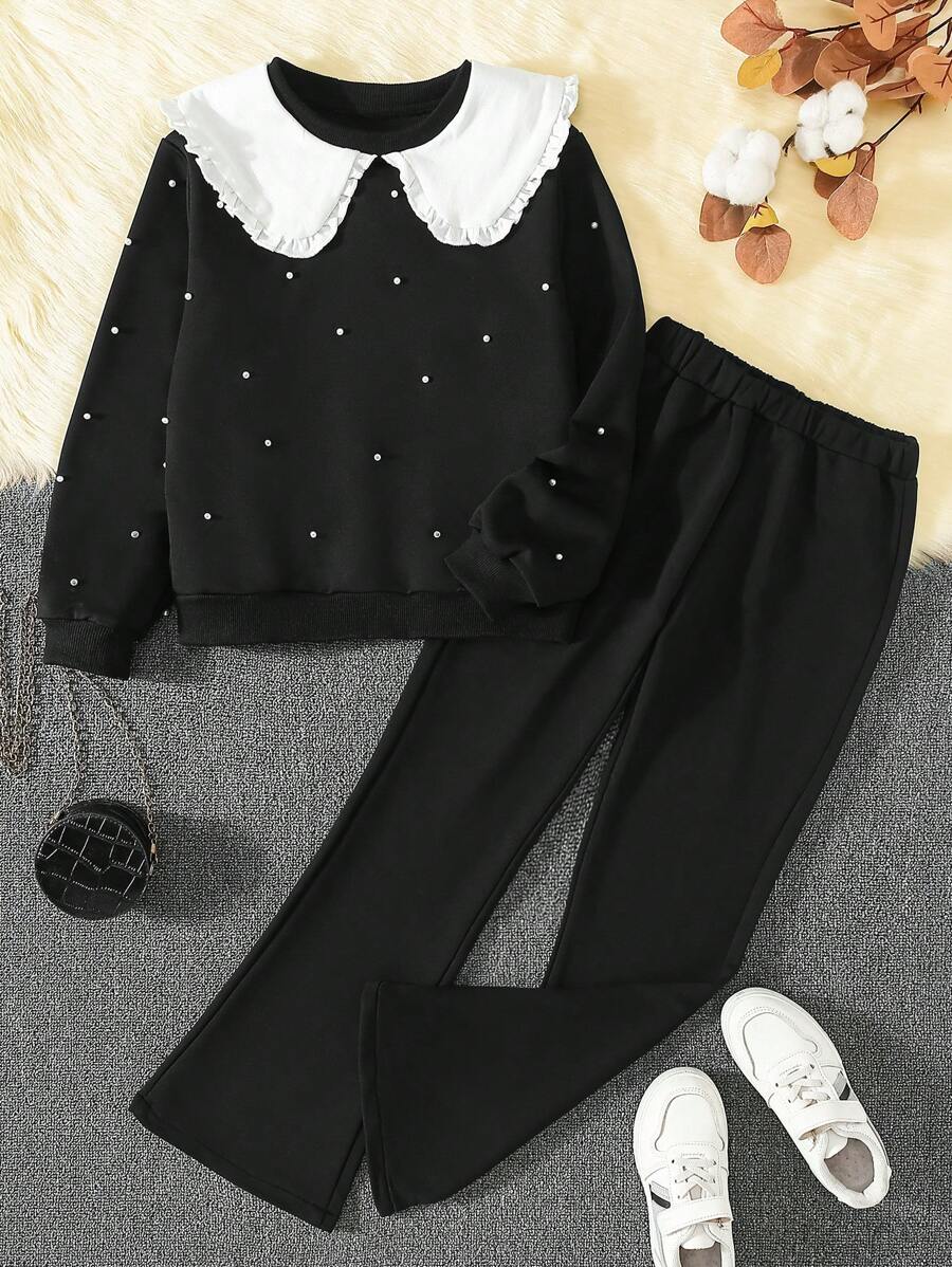 SHEIN Bộ 2 áo nỉ cổ Peter Pan đính ngọc trai cho bé gái tuổi mới lớn + quần ống loe thường ngày, Thu/Đông - màu đen - Xem 1