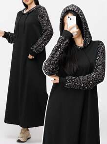 Mulvari Women Casual Leopard Patchwork Drawstring Hooded Sweatshirt Dress Suitable For Autumn Pullover Fall Outfit - Black - View 1