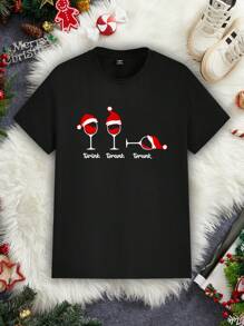 Manfinity Homme Men's Casual Christmas Santa Hat & Wine Glass Pattern Black Raglan T-Shirt ( Material), Couple Set