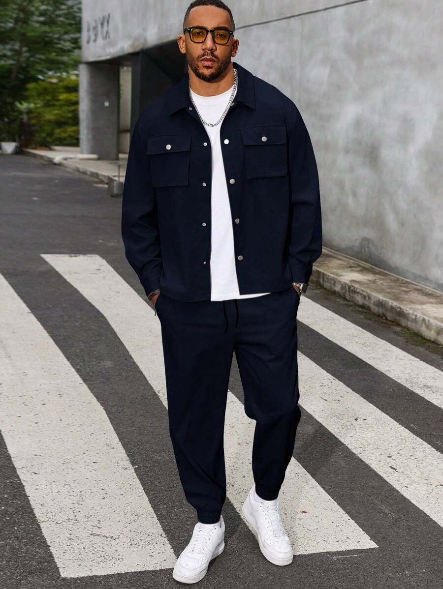 Manfinity Homme Plus Size Men Casual Snap Button Jacket And Pants Set, For Daily Outings, Autumn - Blue - View 1