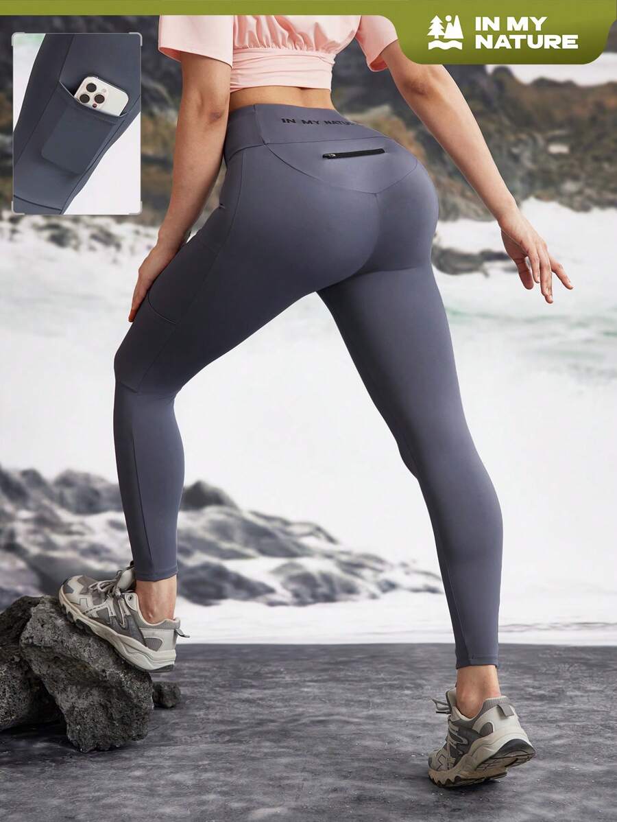 In My Nature 女士纯色口袋紧身打底裤，适合休闲/户外穿着 - 灰色 - 查看 1