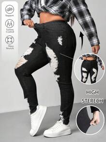 SHEIN Essnce Blue Plus Size Jeans Casual Skinny Stretch Ripped Tights - Black - View 1