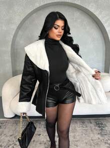 SHEIN SXY 女士冬季黑白皮革镶边落肩长袖修身羊毛夹克、皮草大衣、黑色皮夹克、羊毛夹克、黑色皮草大衣、外套连衣裙、泰迪大衣、冬季女士外套 - 黑與白 - 查看 6