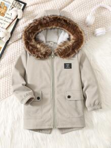 Young Boys Casual Comfy Hooded Fluffy Design Long Padded Parka Jacket With English Letter Badge, Suitable For Commuting, School, Home, Leisure, Street, Party And Outdoor Play - Army Green - View 7