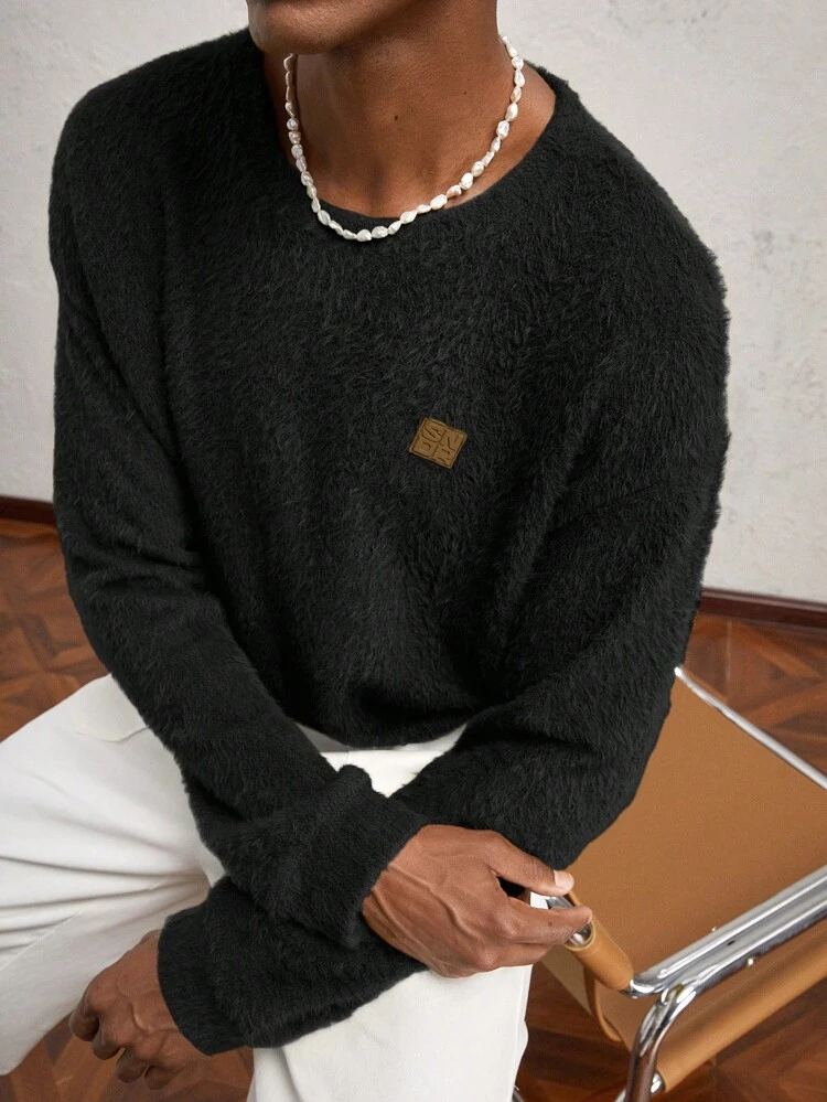 Herren lässiges Rundhalsausschnitt Oversize Langarm Shirt mit Kontrastfarbe, grün, geeignet für Herbst/Winter, mit Buchstaben-Muster und flauschiger Oberflächenstruktur