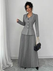 Elenzga Bộ vest thanh lịch dành cho nữ 2 món: Chân váy xếp ly mini và áo khoác blazer - Màu Xám nhạt - Xem 1