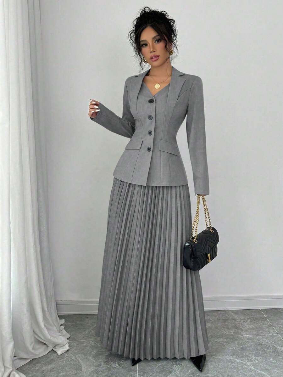 Elenzga Bộ vest thanh lịch dành cho nữ 2 món: Chân váy xếp ly mini và áo khoác blazer - Màu Xám nhạt - Xem 1