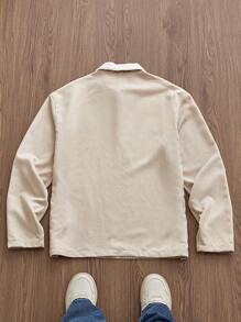 Manfinity VCAY 男士编织时尚休闲日常宽松长袖贴花 Polo 衫，秋冬 - 米色 - 查看 3