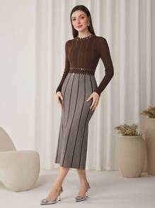 Modelyn Váy len dài tay đính đá lấp lánh cho nữ, thời trang thu đông - Cà phê nâu - Xem 6