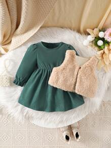 SHEIN 2 件套女婴复古风格服装套装：蓬松背心夹克 + 灯芯绒泡泡袖连衣裙，温暖休闲的日常穿着，优雅触感，适合秋冬季 - 綠色 - 查看 8