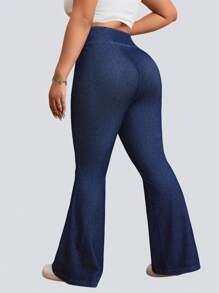 Flexra Plus Size Solid Color Stretchy Knit Pocket Skinny Flare Leg Jeans Apple Bottom Jeans - Blue - View 2