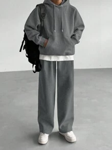 DAZY Men's Solid Color Hooded Sweatshirt With Pockets And Sweatpants Casual Suit Set, Autumn - Grey - View 1