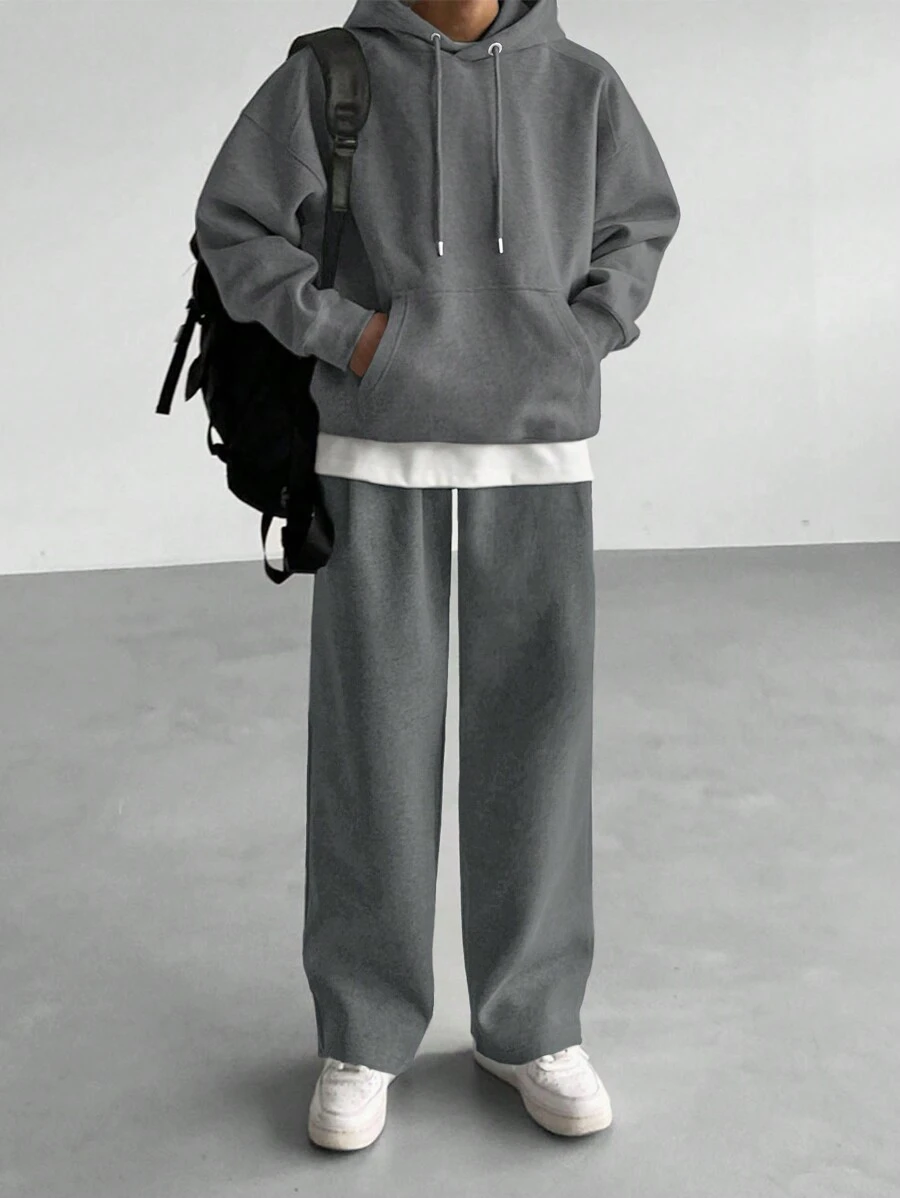 DAZY Men's Solid Color Hooded Sweatshirt With Pockets And Sweatpants Casual Suit Set, Autumn - Grey - View 1