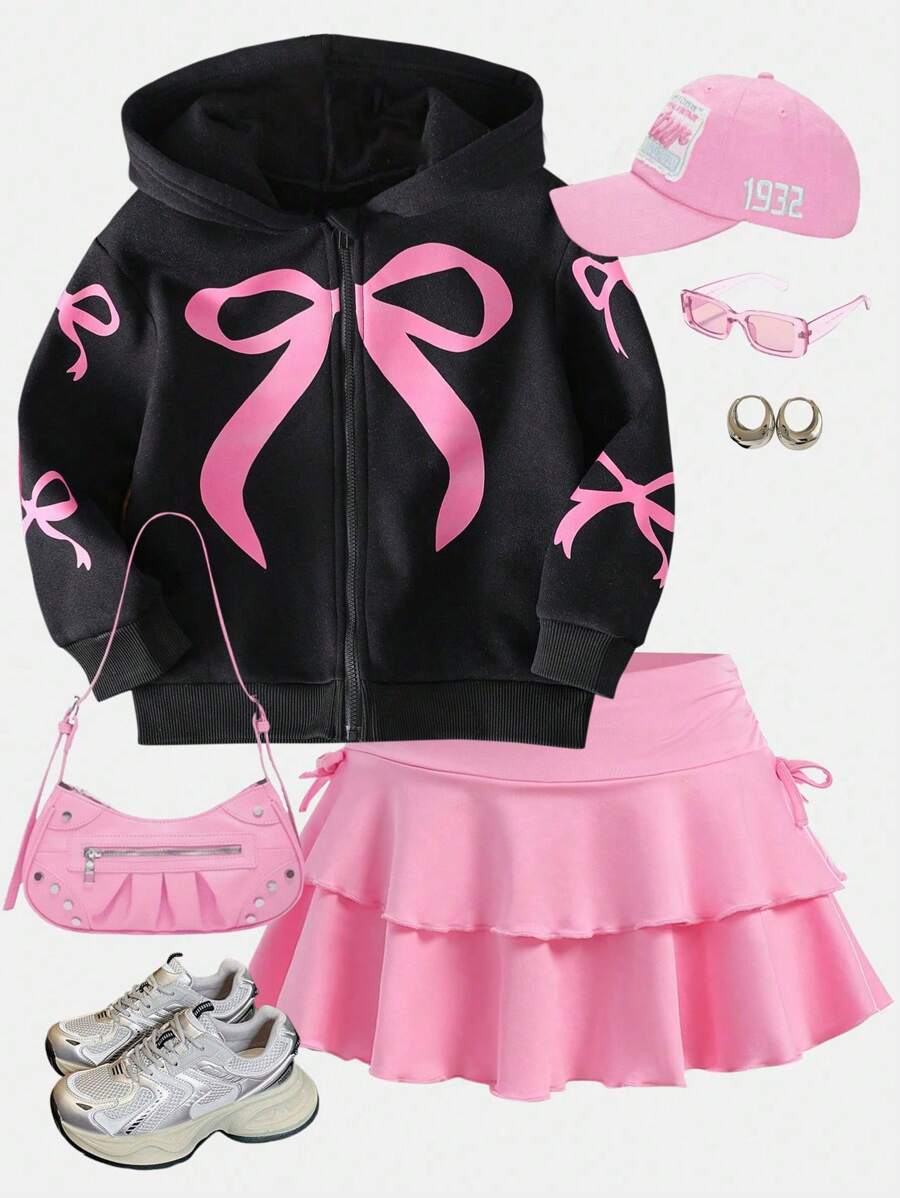 SHEIN Explorewe 年轻女孩休闲 Y2K 风粉色蝴蝶印花卫衣外套，黑色领子，适合秋冬季日常及户外穿着 - 黑色 - 查看 1