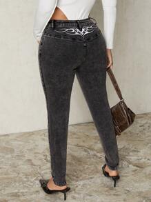 SHEIN SXY Women's Patterned Print Pocket Skinny Casual Versatile Jeans - Dark Grey - View 3