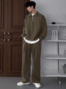 DAZY Men's Solid Color Zip-Up Long Sleeve Top & Pants Set, Minimalist Outfit For Autumn - Rust Brown - View 3